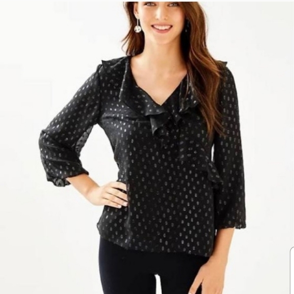 Lilly Pulitzer Olenna Silk Metallic Black Top XS - Picture 1 of 12
